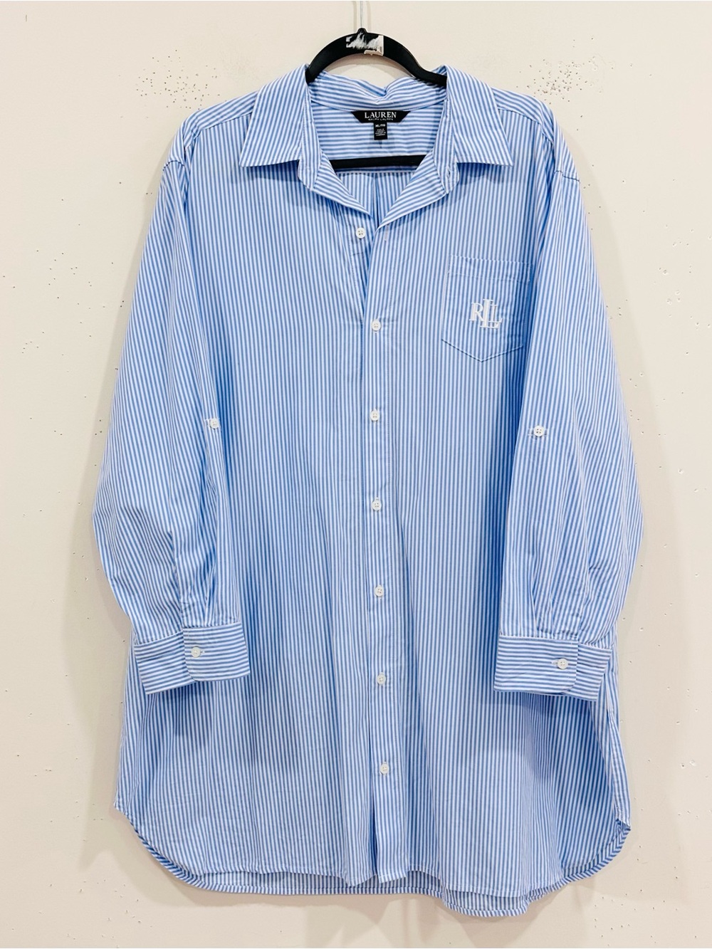 Lauren Ralph Lauren Women's XL Striped Cotton Sleepshirt Nightshirt Roll-Tab